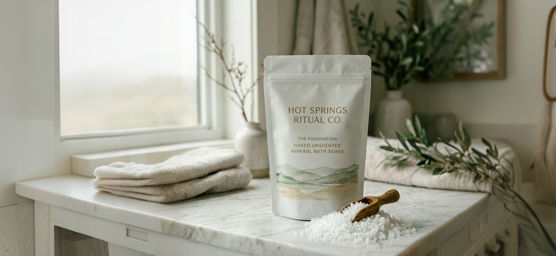 The Foundation unscented mineral bath soak pouch on stone