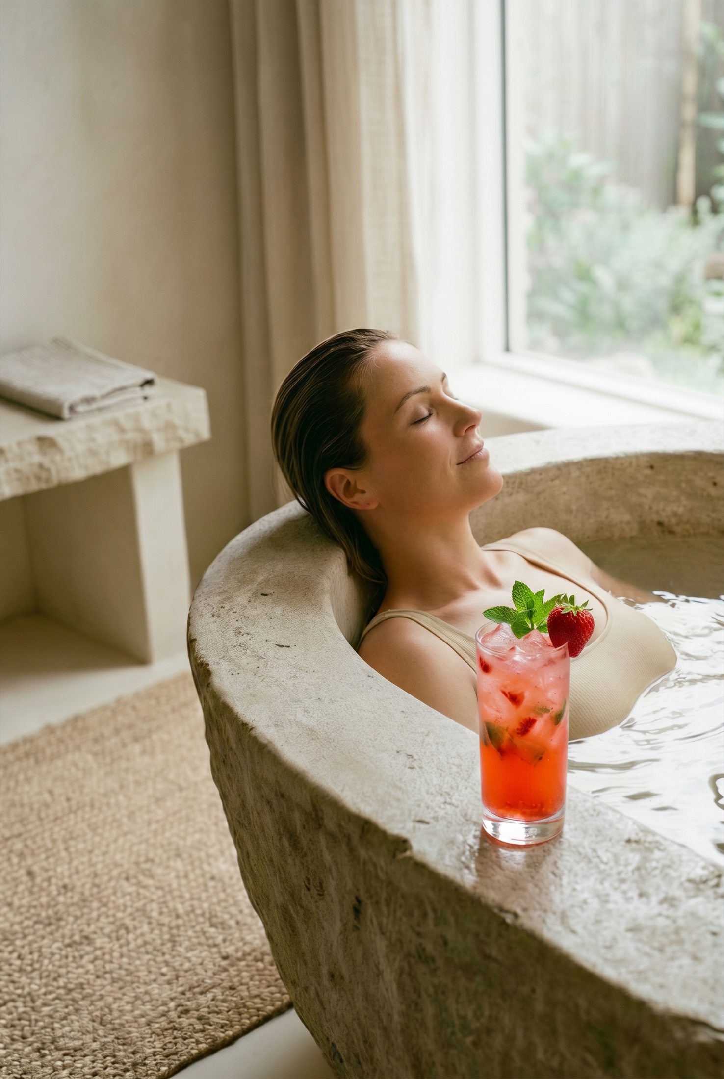 Relaxing with an elixir in a warm mineral bath