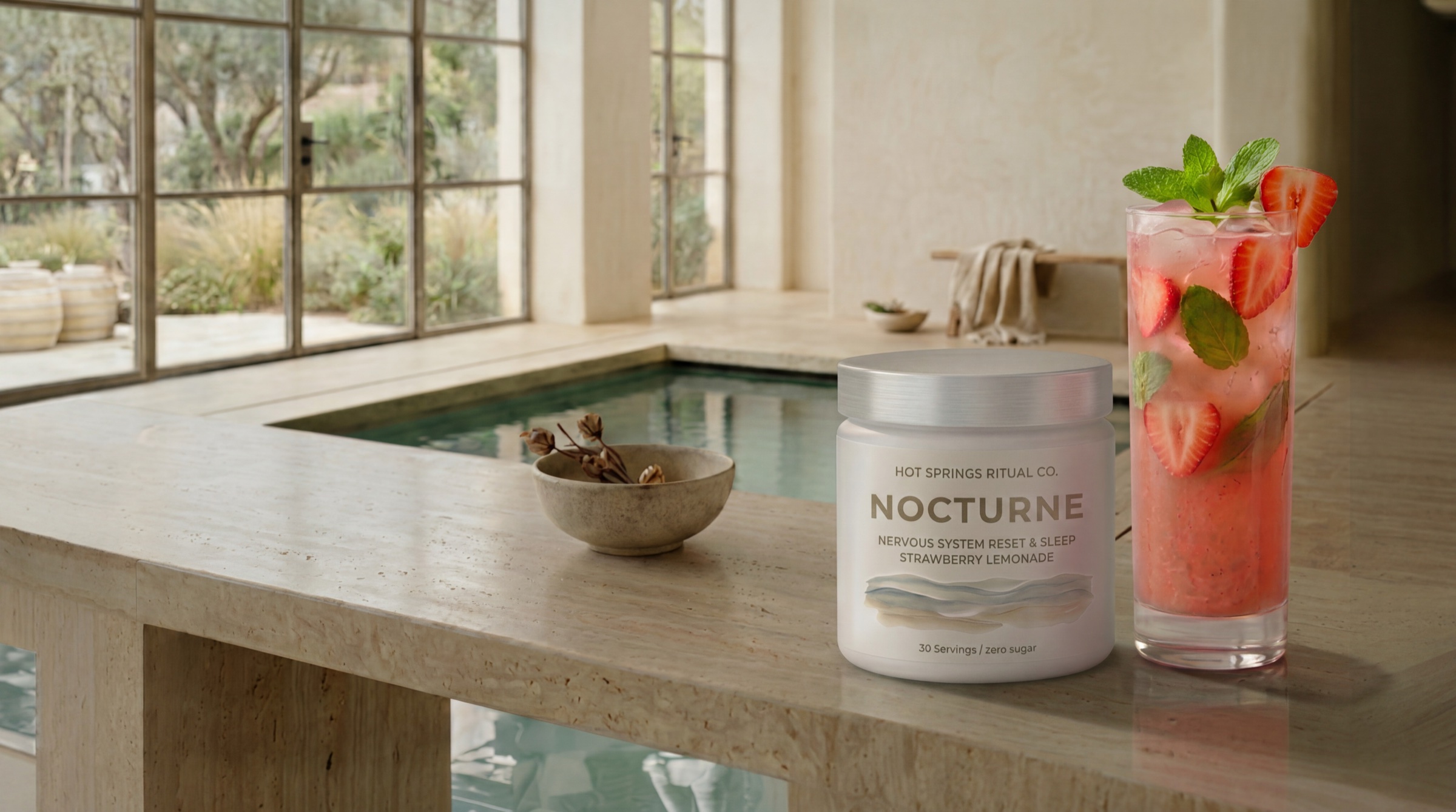 The Nocturne jar beside a tall strawberry lemonade on travertine by a sunlit pool