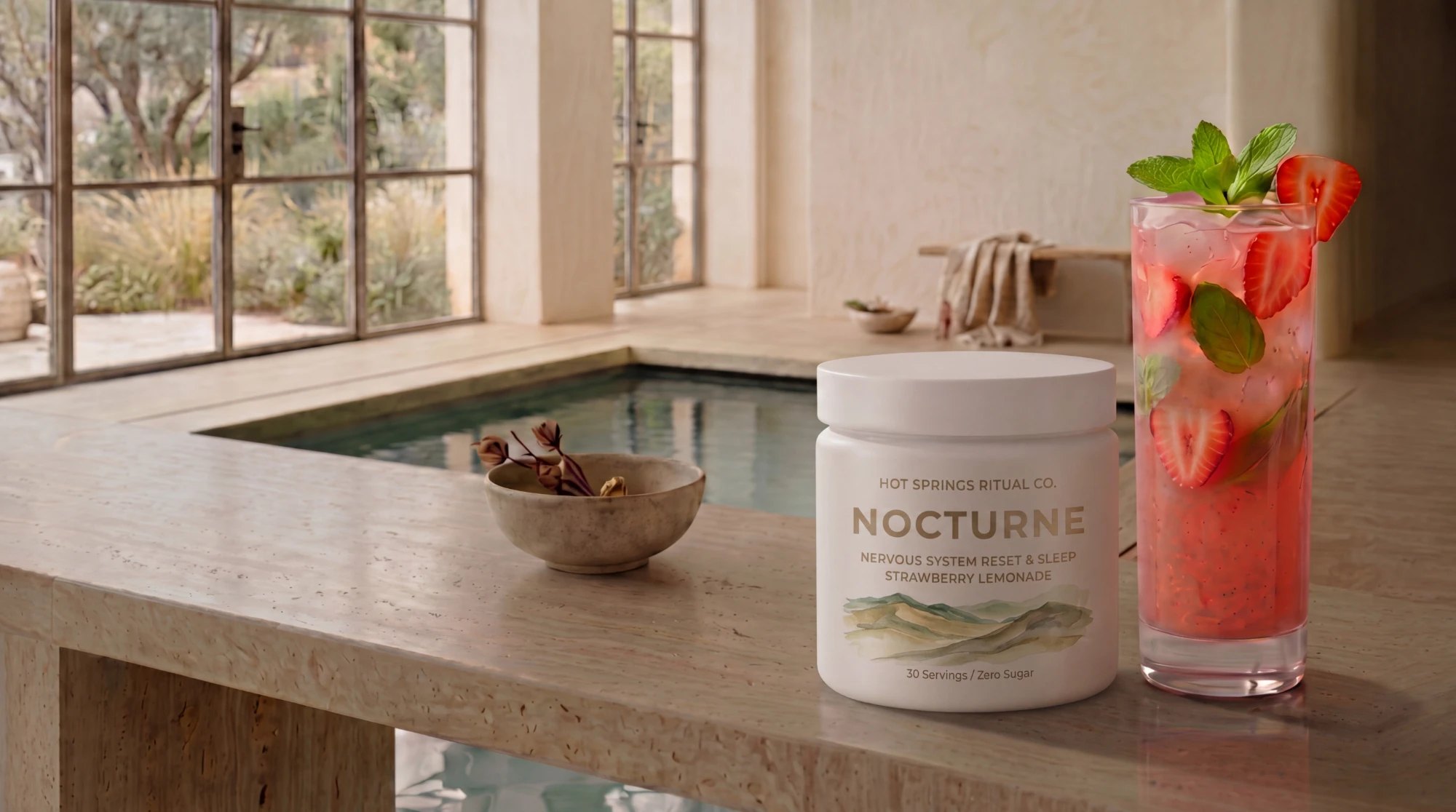 A jar of Nocturne and a tall strawberry lemonade on a travertine ledge beside a sunlit pool