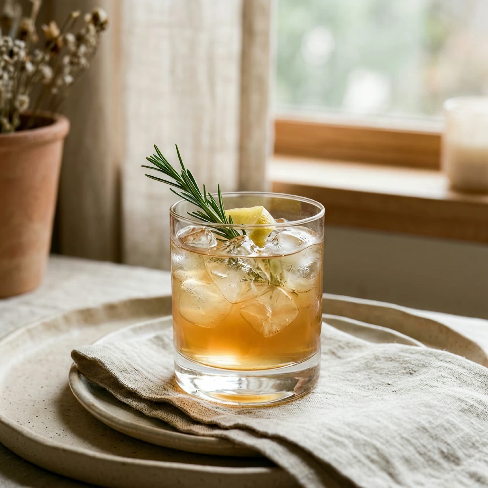 An elegant iced wellness mocktail garnished with rosemary on linen