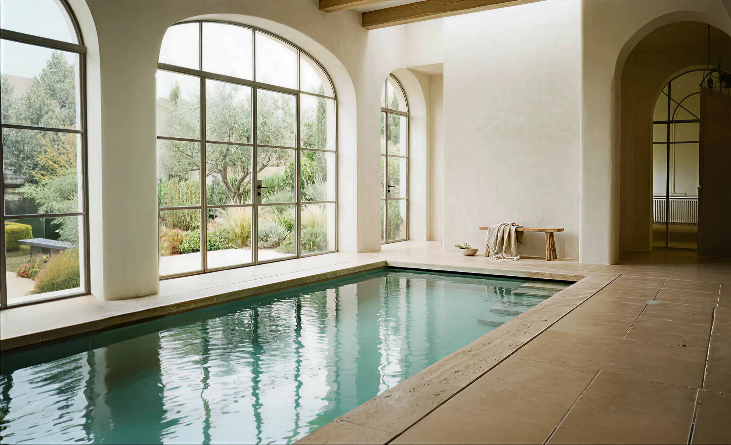 A serene indoor mineral pool beneath tall arched windows